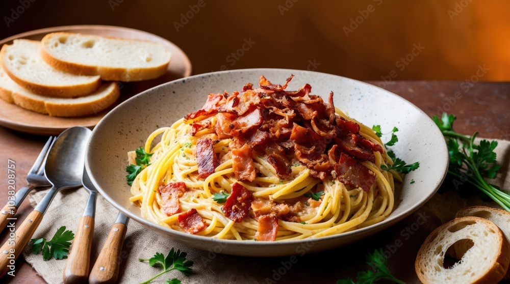 pasta dish with spaghetti carbonara and crispy bacon. pasta dish with spaghetti carbonara and crispy bacon.