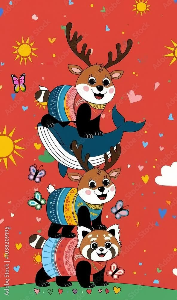A whimsical illustration featuring a whale, deer, and red panda stacked on top of each other, all wearing colorful patterned dresses, with butterflies and hearts scattered around A whimsical illustration featuring a whale, deer, and red panda stacked on top of each other, all wearing colorful patterned dresses, with butterflies and hearts scattered around