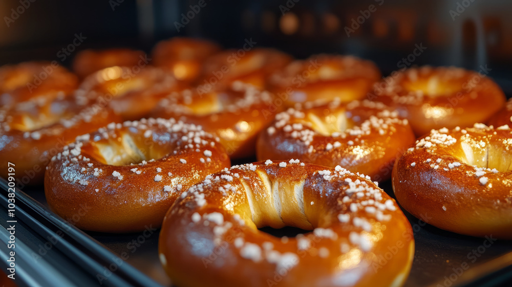 Freshly baked bagels sprinkled with salt in a baking tray Freshly baked bagels sprinkled with salt in a baking tray