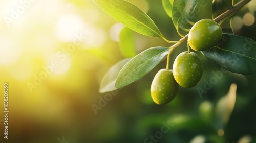 Fresh green olives on a tree branch with sunlight filtering through leaves.