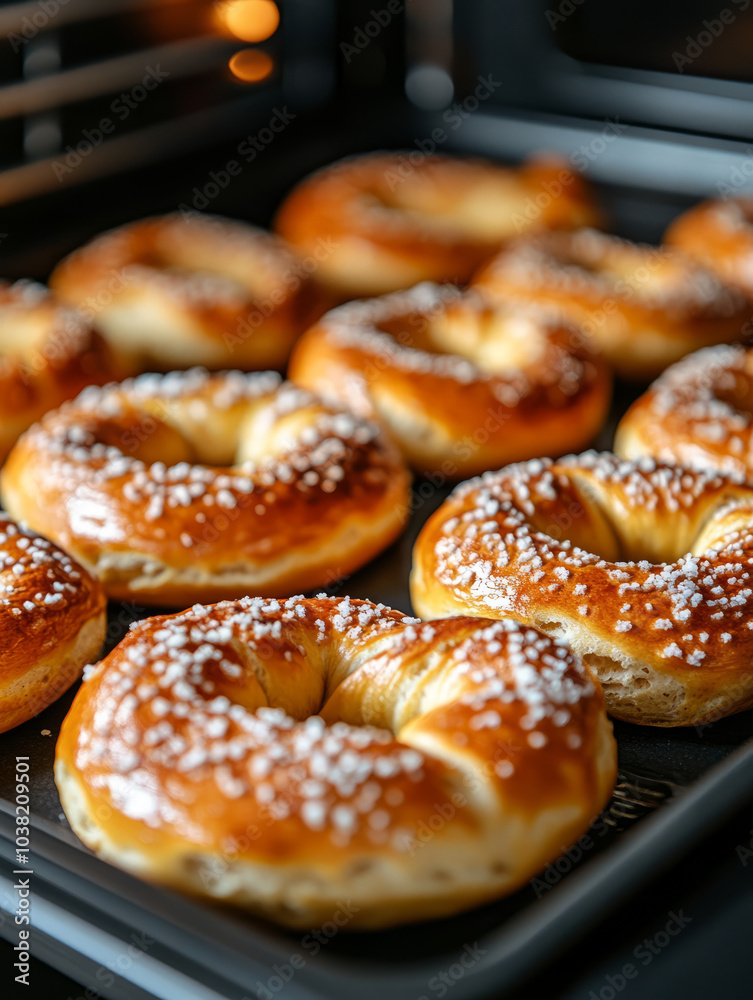 Freshly baked bagels with sesame seeds in an oven. Freshly baked bagels with sesame seeds in an oven.