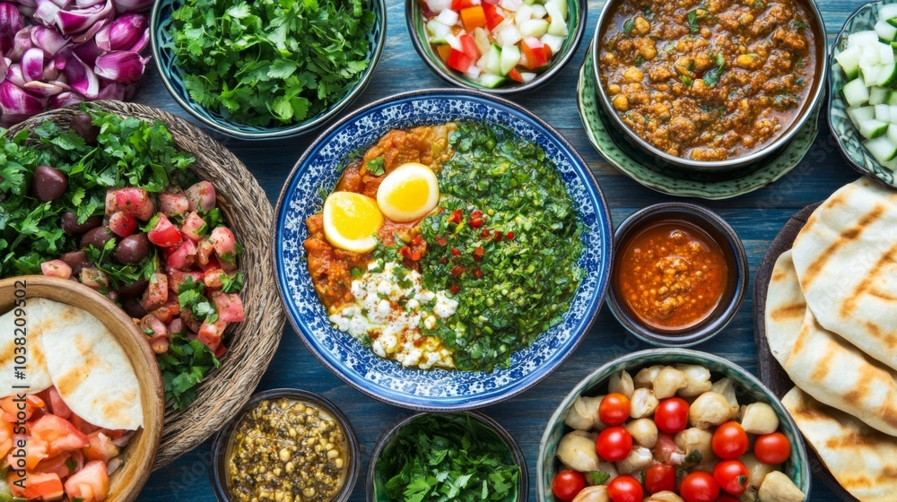 Fresh Eastern Family Meals on Dining Table Fresh Eastern Family Meals on Dining Table