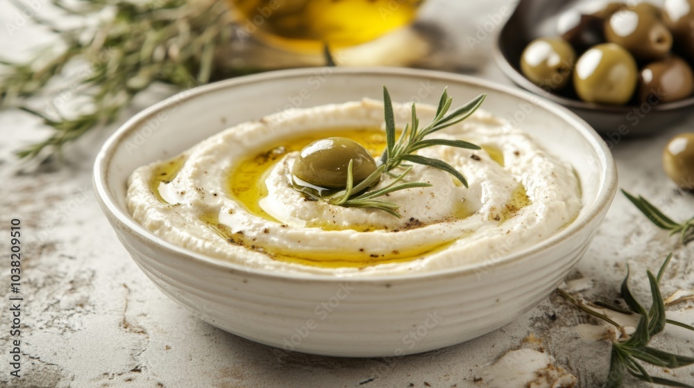 Mezze Platter with Hummus and Olives on Minimalist Background Mezze Platter with Hummus and Olives on Minimalist Background