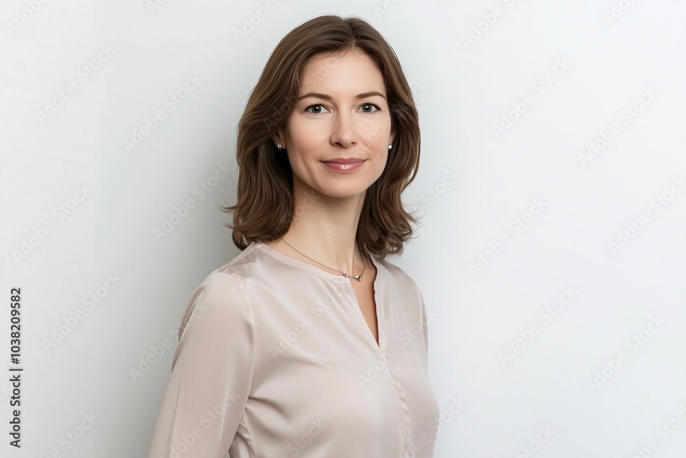 Clean and elegant headshot of a woman standing against white background Clean and elegant headshot of a woman standing against white background