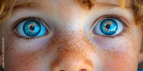 Close-up of a child's face with striking blue eyes and freckles. photo