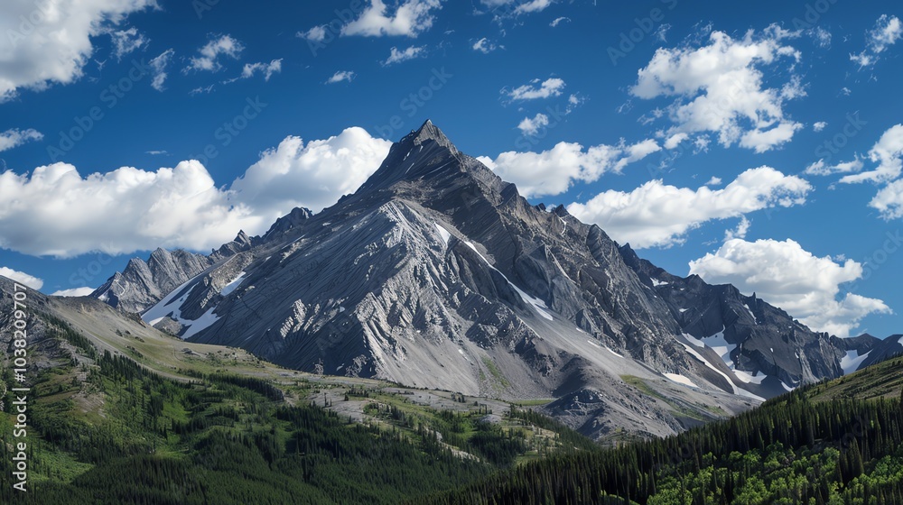 A majestic mountain peak with snow-capped summit and a blue sky with fluffy clouds.