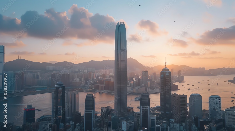 Fototapeta premium A panoramic view of Hong Kong's skyline at sunset.