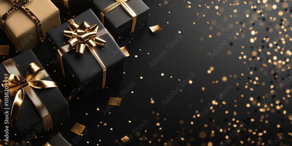 Black Friday banner. Background with black gift boxes decorated with gold ribbons and confetti on a black background. For holiday promotions Black Friday, Christmas, New Year Black Friday banner. Background with black gift boxes decorated with gold ribbons and confetti on a black background. For holiday promotions Black Friday, Christmas, New Year