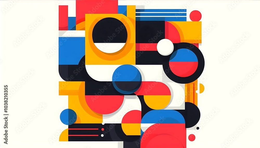 Naklejka premium Bold overlapping rectangles and circles in bright primary colors, creating balanced abstract design with sharp contrasts and playful energy,generative ai