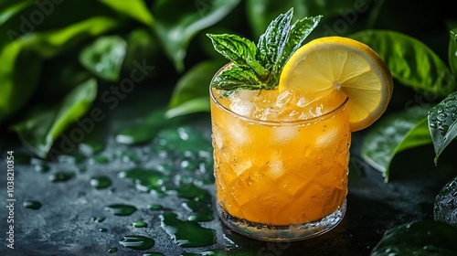 Refreshing orange cocktail with ice, lemon, and mint garnishes.