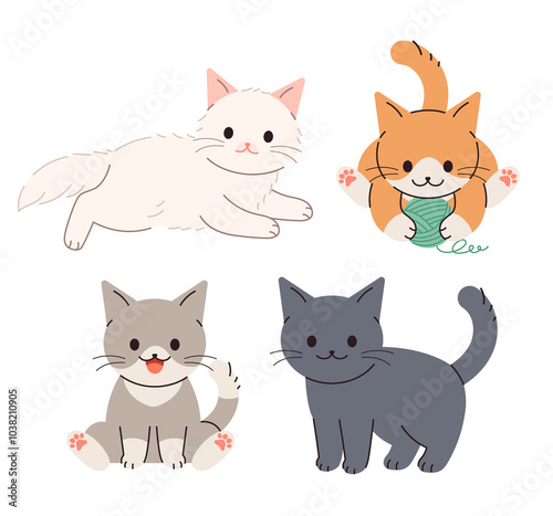 Character illustration of cute, small kittens that have just been born. A cat sitting, a cat playing with yarn. photo