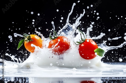 Dynamic splash of fresh tomatoes in creamy milk with vivid actions captured in high-speed photography photo