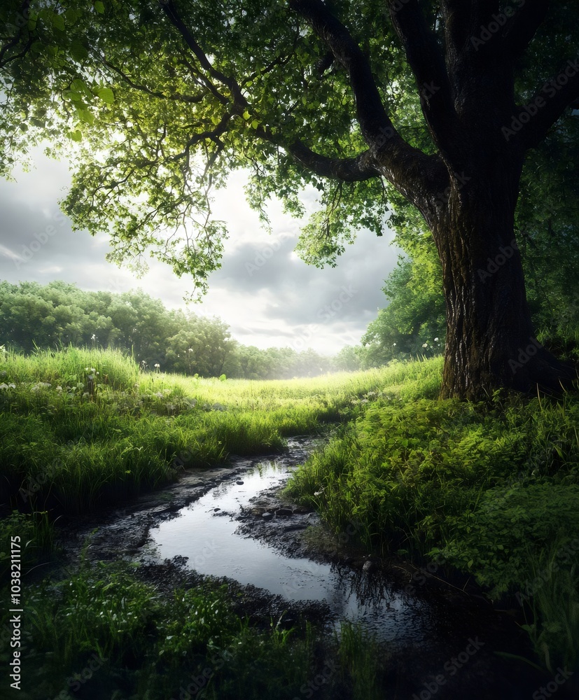 Naklejka premium Serene Natural Landscape Tranquil Stream Lush Greenery Majestic Tree Reflections Peaceful Sunshine Vibrant Flora Cloudy Sky