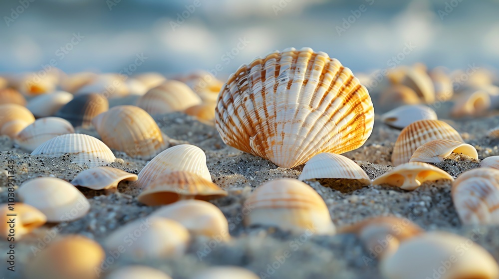 A seashell on a beach surrounded by other shells. A seashell on a beach surrounded by other shells.