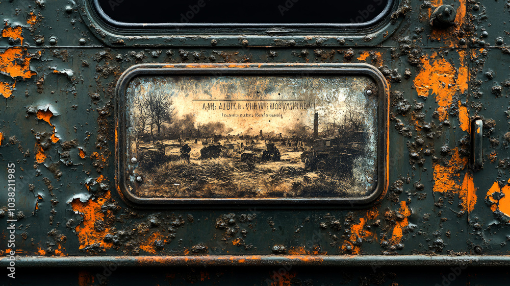 A close-up of a weathered metal panel with a vintage image of a military scene. A close-up of a weathered metal panel with a vintage image of a military scene.