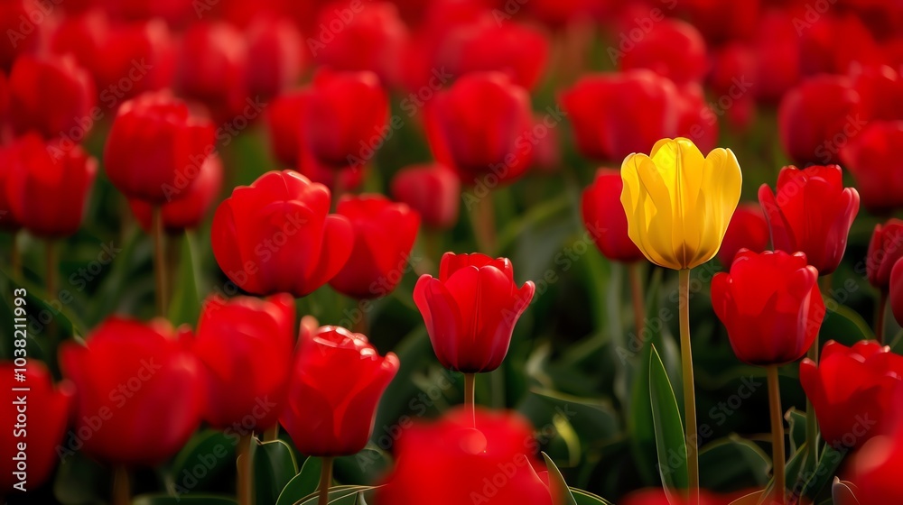 A single yellow tulip stands out in a field of red tulips. A single yellow tulip stands out in a field of red tulips.