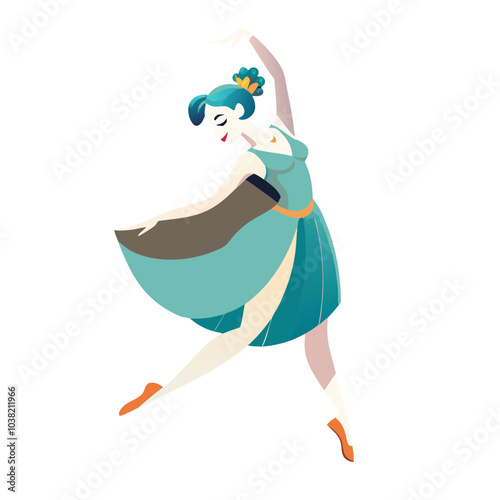 Hand-drawn dancer performing gracefully on stage, with elegant movements. Perfect for: Dance festivals, stage performances, ballet events