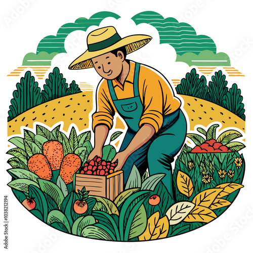 Hand-drawn farmer working hard in a field with abundant crops. Perfect for: Harvest festivals, Farmer's Day, agricultural fairs