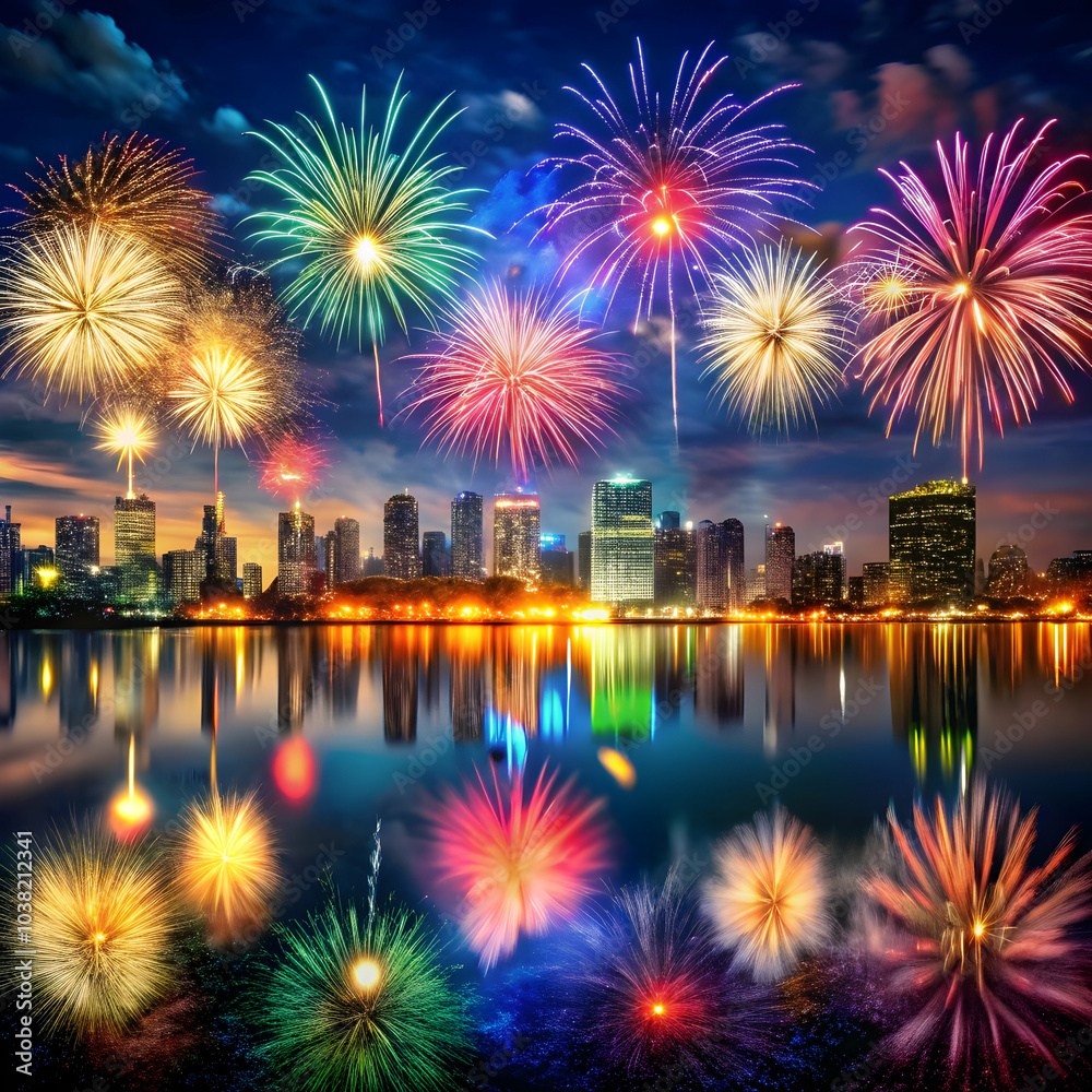 Fototapeta premium A stunning display of fireworks illuminates a city skyline