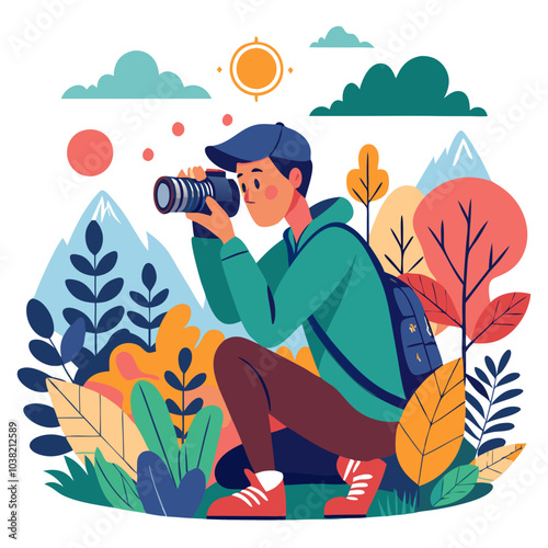 Hand-drawn photographer capturing landscapes, surrounded by nature. Perfect for: World Photography Day, nature expeditions, landscape photography tours