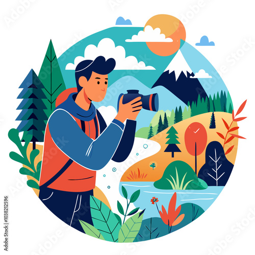 Hand-drawn photographer capturing landscapes, surrounded by nature. Perfect for: World Photography Day, nature expeditions, landscape photography tours
