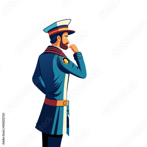 Hand-drawn sailor standing on a ship, gazing into the distance. Perfect for: Navy Day, maritime events, ocean exploration