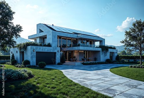 Luxury Eco-Friendly Home with Solar Panels and Expansive Green Lawn in a Serene Suburban Setting