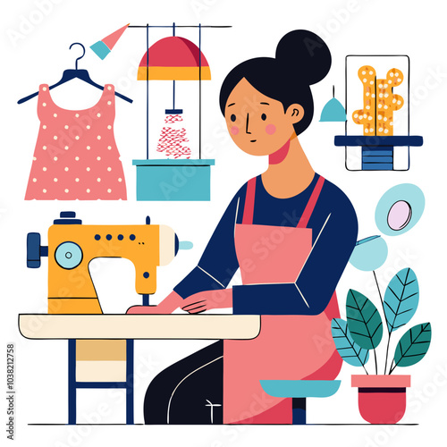Hand-drawn seamstress sewing clothes with concentration in a workshop. Perfect for: International Women's Day, Tailor Shops, Craft Studios