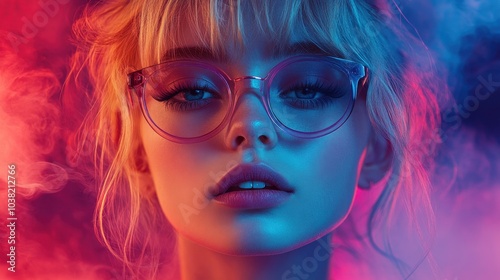 portrait of a stylish young girl model with blond hair in glasses in smoke in neon lighting