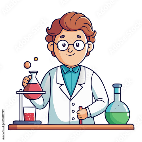 Hand-drawn scientist conducting an experiment in a lab, with a serious expression. Perfect for: Science Day, World Science Festival, academic conferences, laboratories