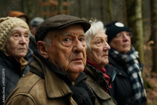 Group of elderly people on a walk in the forest