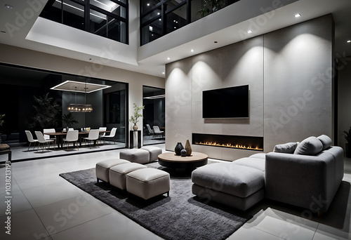 Sleek Luxury Living Space with Minimalist Decor and Built-In Fireplace
