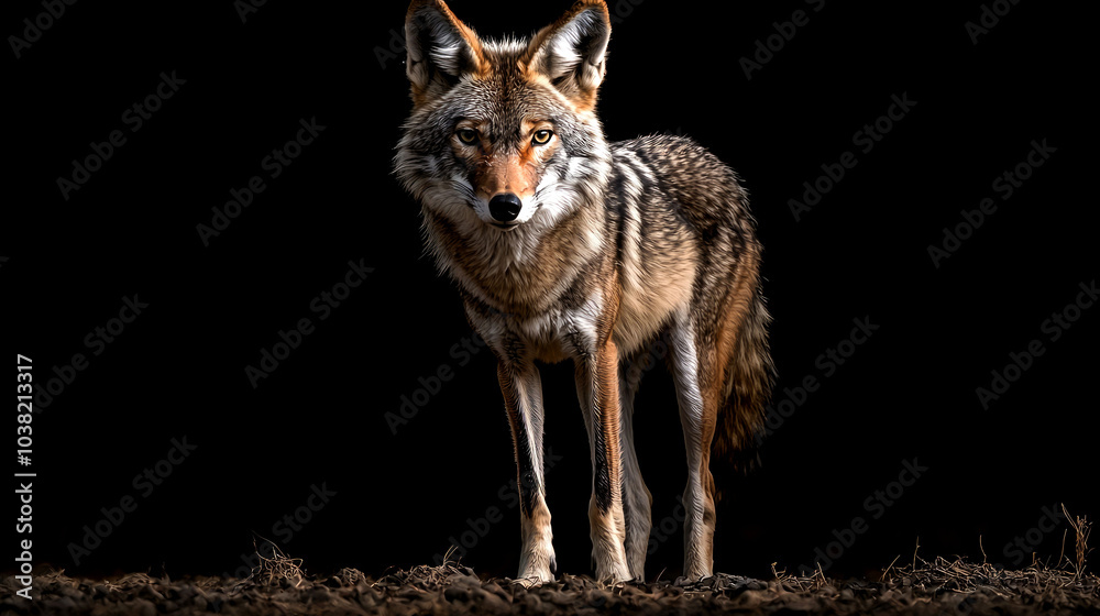 Fototapeta premium A coyote standing on a dark background, looking directly at the camera.