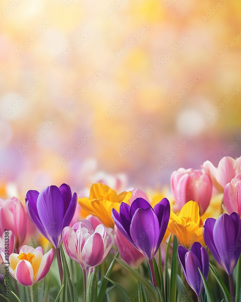 Fresh crocus tulips in warm sunlight greeting card background copy space Fresh crocus tulips in warm sunlight greeting card background copy space
