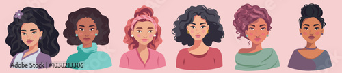 Women's group, set of icons avatars for social networks girls women of different nationalities and skin colors and hairstyles. Flat vector cartoon illustration