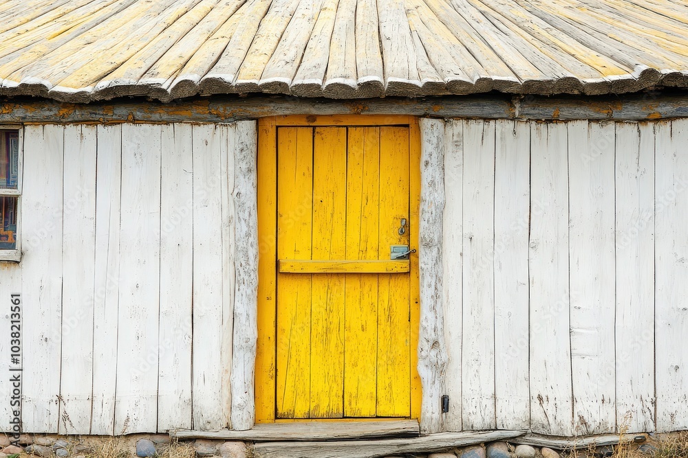 Ger - Traditional Mongolian House with Rustic White Exterior and Yellow Door Ger - Traditional Mongolian House with Rustic White Exterior and Yellow Door