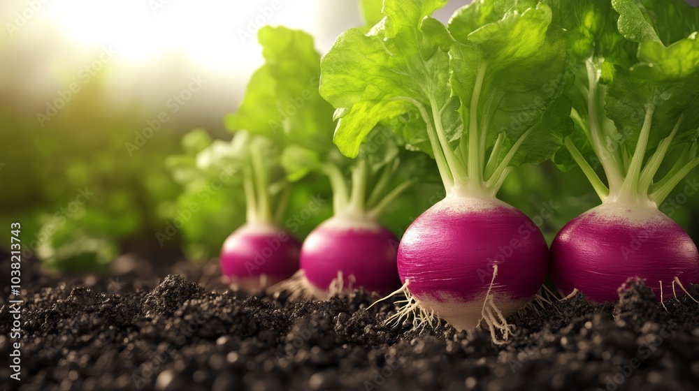 Fresh purple radishes growing in soil, captured in natural light. Fresh purple radishes growing in soil, captured in natural light.