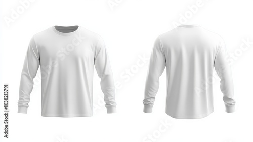 Long Sleeve White T-Shirt: Men's Wear Template with Front and Back Views