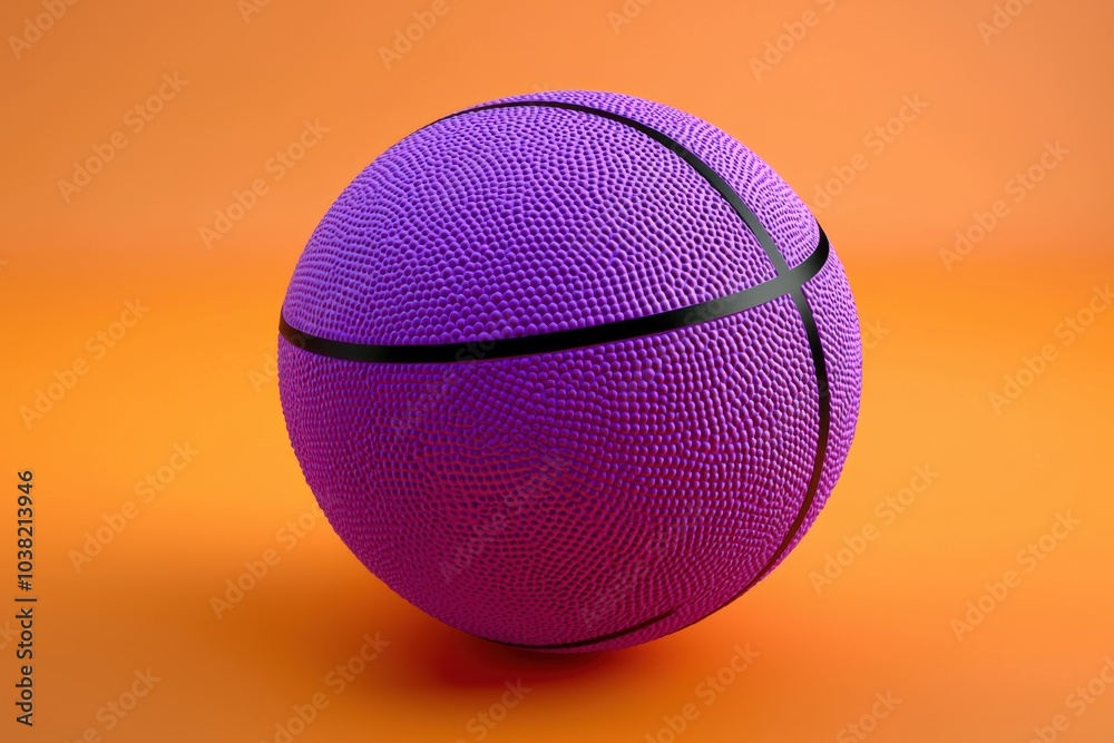 A vibrant purple basketball with textured surface and black lines, set against an orange background.