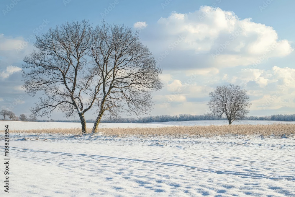 End of Winter Landscape: Snowy Field Transitioning into Spring Season End of Winter Landscape: Snowy Field Transitioning into Spring Season