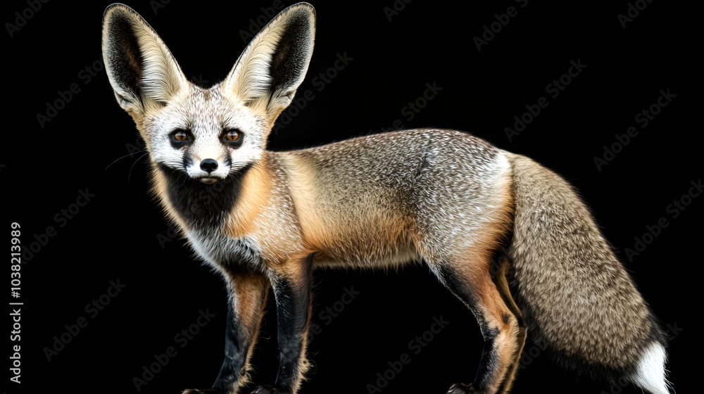 Obraz premium A Fennec Fox with large ears stands facing the camera on a black background.