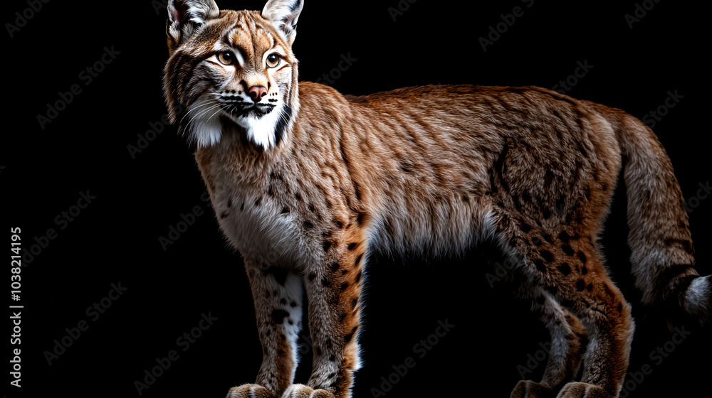 Fototapeta premium A Eurasian lynx stands on a black background, looking to the left of the frame.