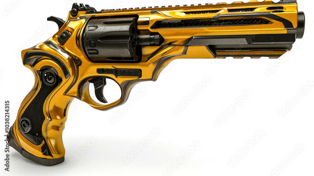 A gold and black revolver with a futuristic design, isolated on a white background. A gold and black revolver with a futuristic design, isolated on a white background.