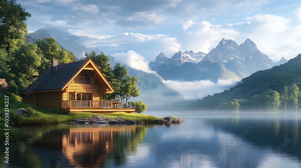 Fototapeta premium A wooden cabin sits on the edge of a tranquil lake in a mountainous landscape, with fog rising from the water.