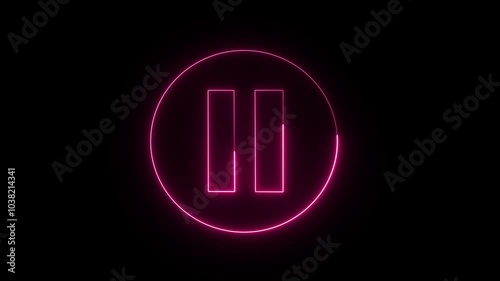 Animated neon pause icon animation. Neon glowing pause button.