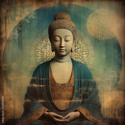 Meditating Buddha. Buddha Statue on grunge Background, Spiritual and Meditation Concept. Mindful Meditation Art photo