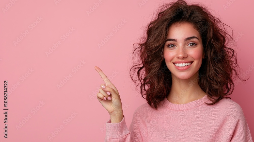 Smiling young woman pointing up with cheerful expression