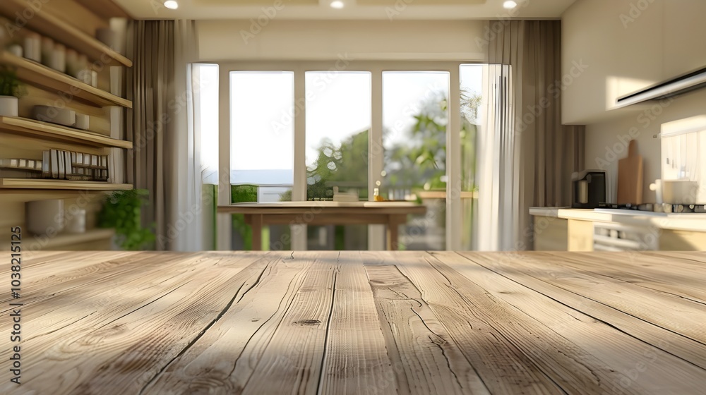 Obraz premium Top counter in kitchen background, interior wood blur, empty wooden room, light white. Modern window food display design texture tabletop restaurant board 