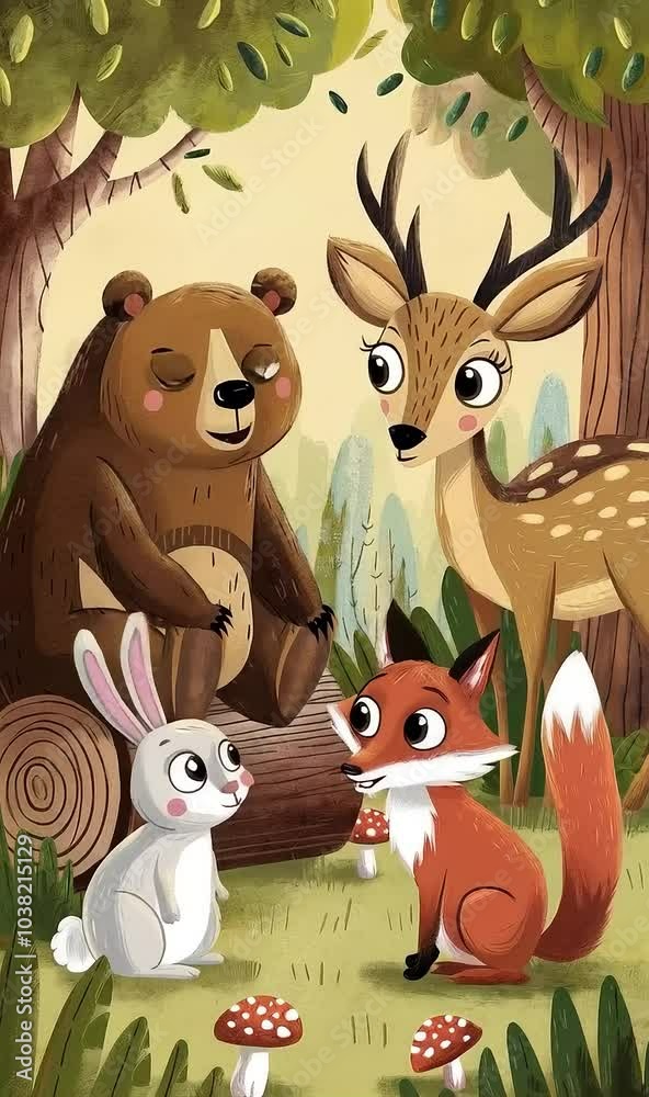 A brown bear sits on a log in a forest setting, surrounded by a white rabbit, a red fox, and a deer with antlers. Lush green foliage and red mushrooms fill the background A brown bear sits on a log in a forest setting, surrounded by a white rabbit, a red fox, and a deer with antlers. Lush green foliage and red mushrooms fill the background