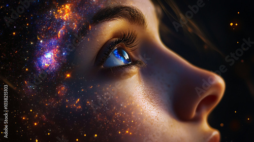 Primer plano de mujer con fondo de galaxia por detrás